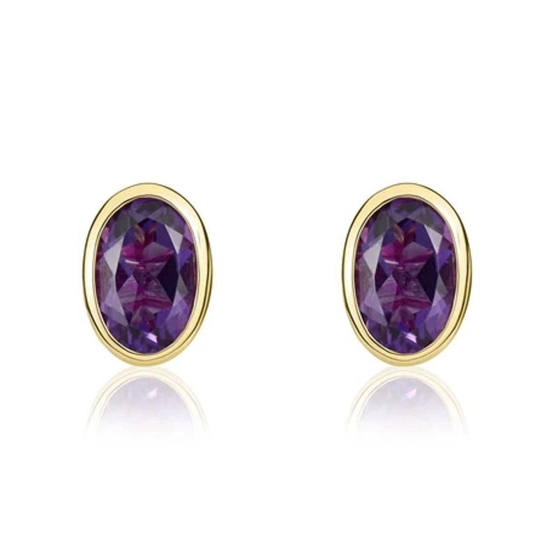 9ct Yellow Gold Amethyst 6x4mm Oval Rub Over Set Stud Earrings