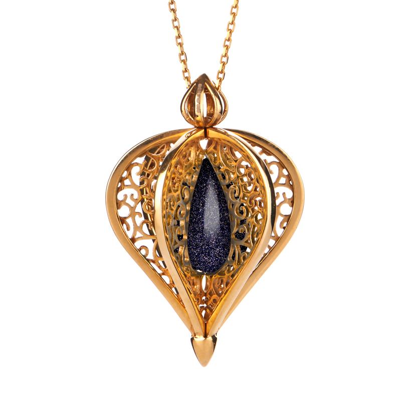 9ct Yellow Gold Blue Goldstone Flore Filigree Droplet Necklace