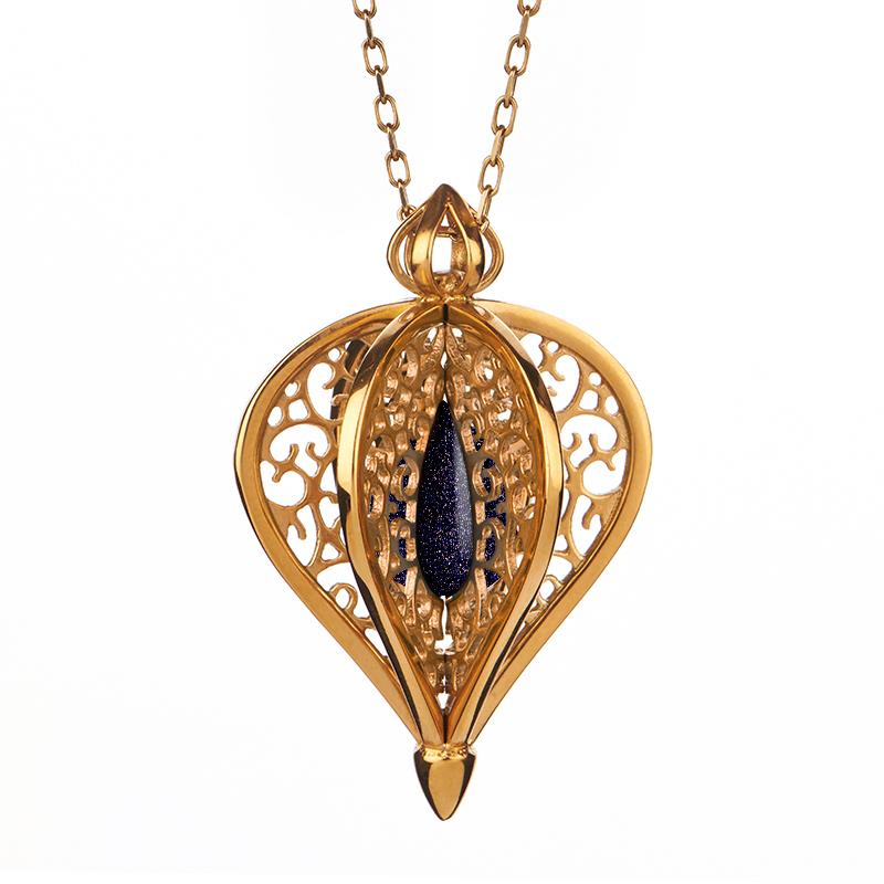 9ct Yellow Gold Blue Goldstone Flore Filigree Small Necklace