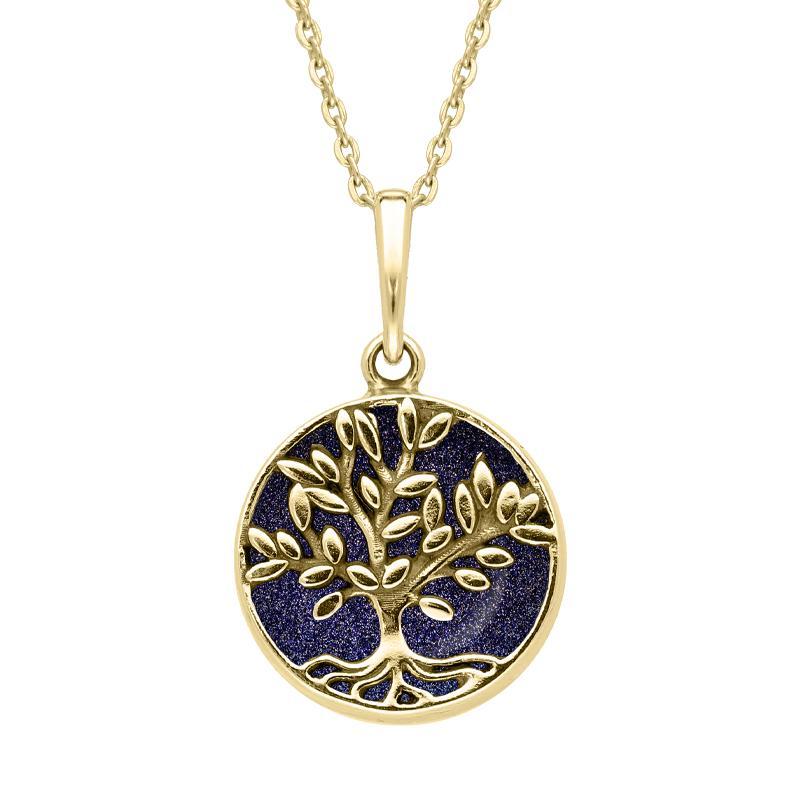9ct Yellow Gold Blue Goldstone Small Round Large Leaves Tree of Life Necklace