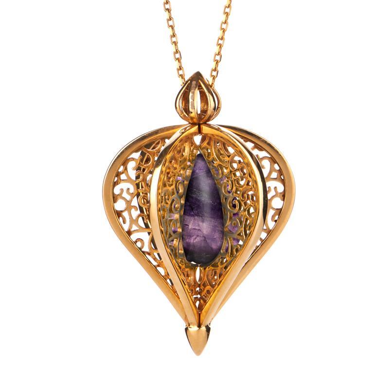 9ct Yellow Gold Blue John Flore Filigree Droplet Necklace