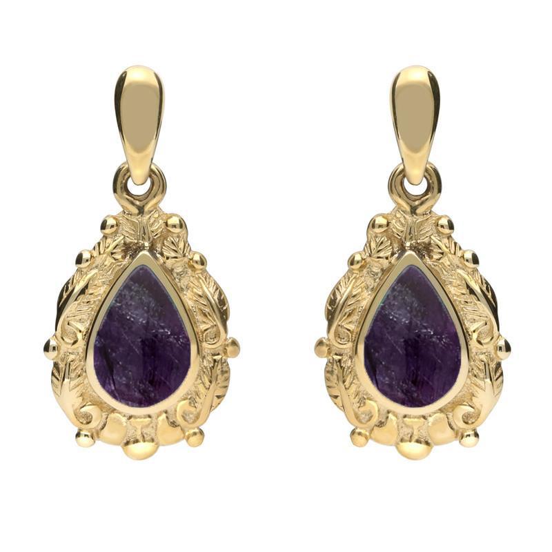 9ct Yellow Gold Blue John Pear Shaped Leaf Drop Earrings - Yellow Gold