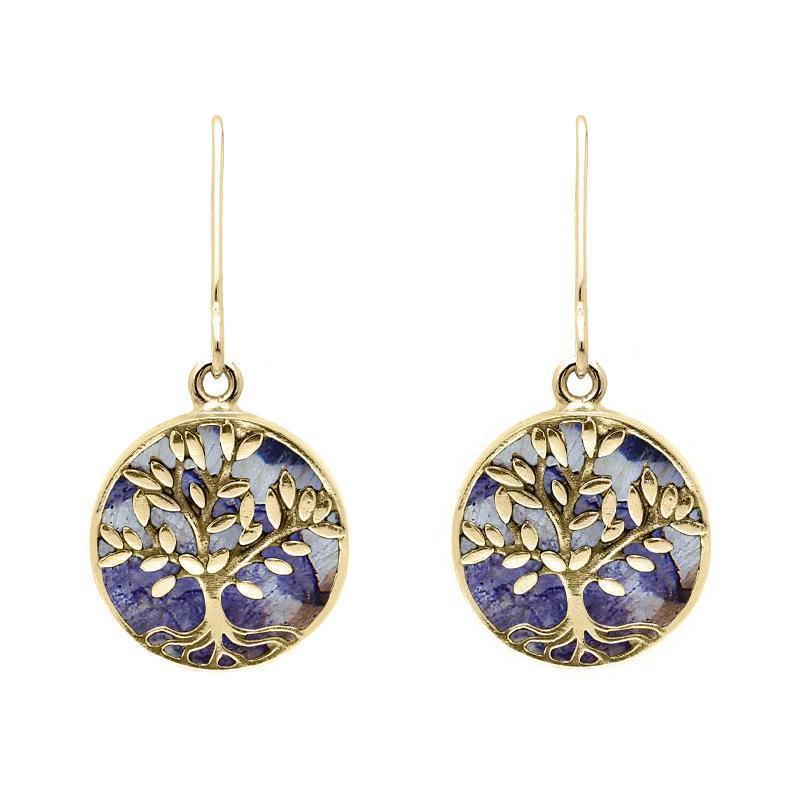 9ct Yellow Gold Blue John Round Large Tree of Life Leaves Drop Earrings