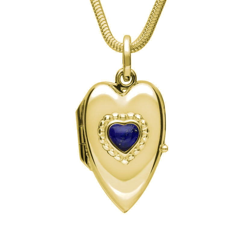 9ct Yellow Gold Lapis Lazuli Beaded Edge Heart Locket Necklace