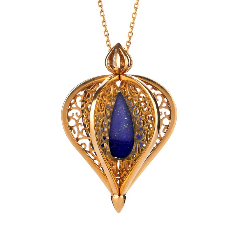 9ct Yellow Gold Lapis Lazuli Flore Filigree Droplet Necklace