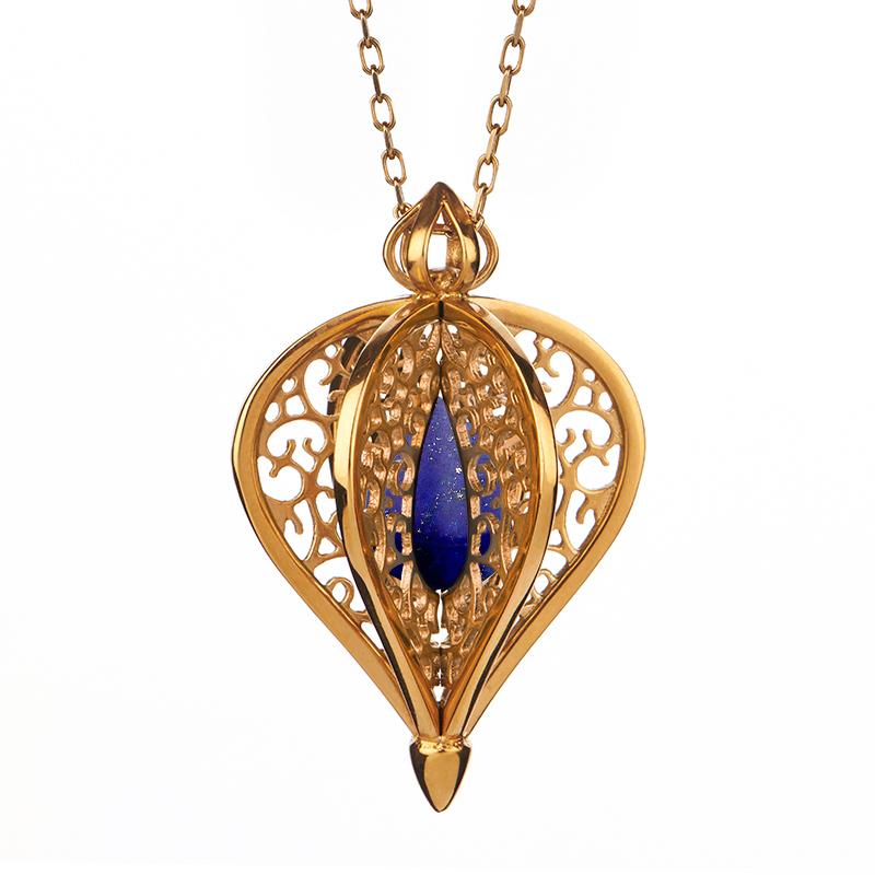 9ct Yellow Gold Lapis Lazuli Flore Filigree Small Necklace