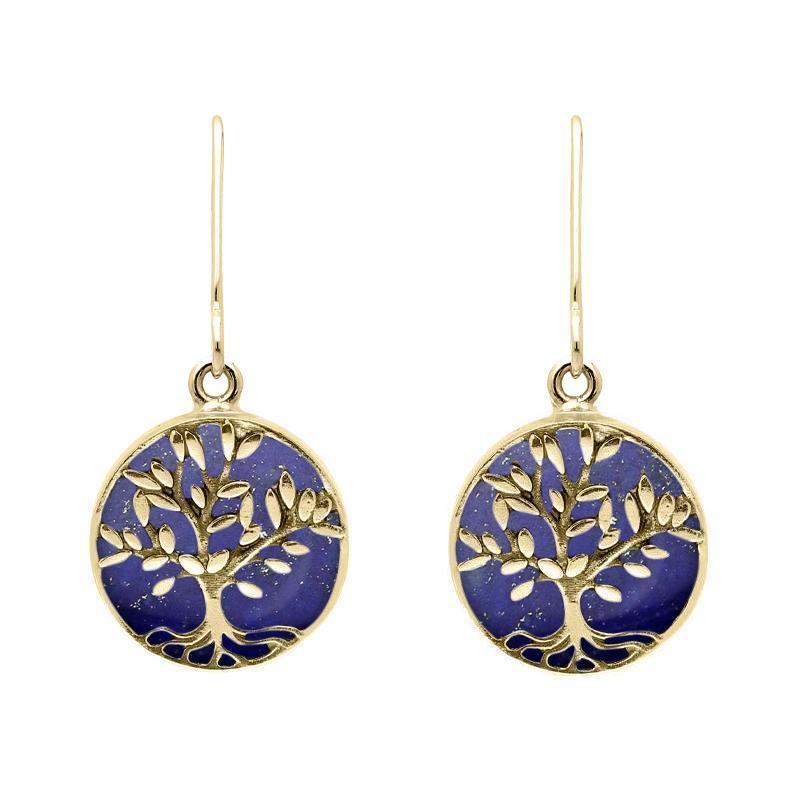 9ct Yellow Gold Lapis Lazuli Round Large Tree of Life Leaves Drop Earrings