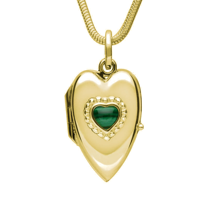 9ct Yellow Gold Malachite Beaded Edge Heart Locket Necklace