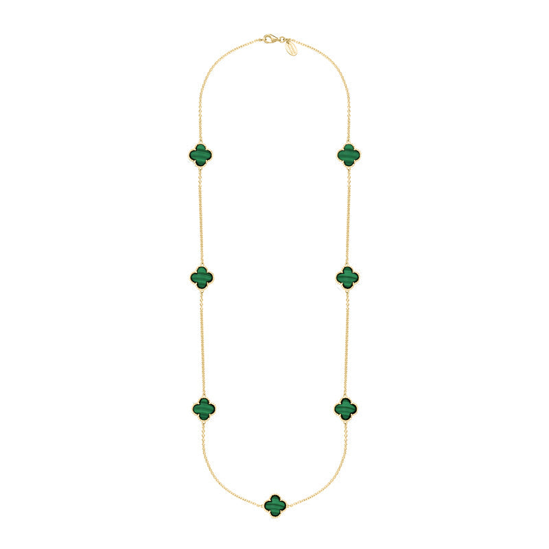 9ct Yellow Gold Malachite Bloom Four Leaf Clover Ball Edge Long Necklace