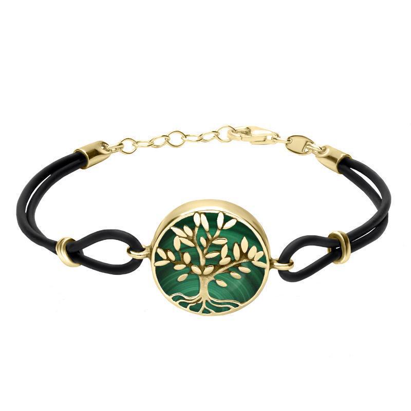 9ct Yellow Gold Malachite Cord Round Large Leaves Tree Of Life Bracelet
