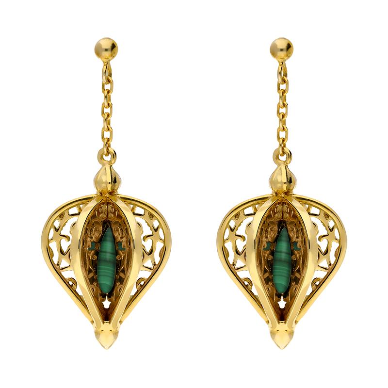 9ct Yellow Gold Malachite Flore Filigree Drop Earrings