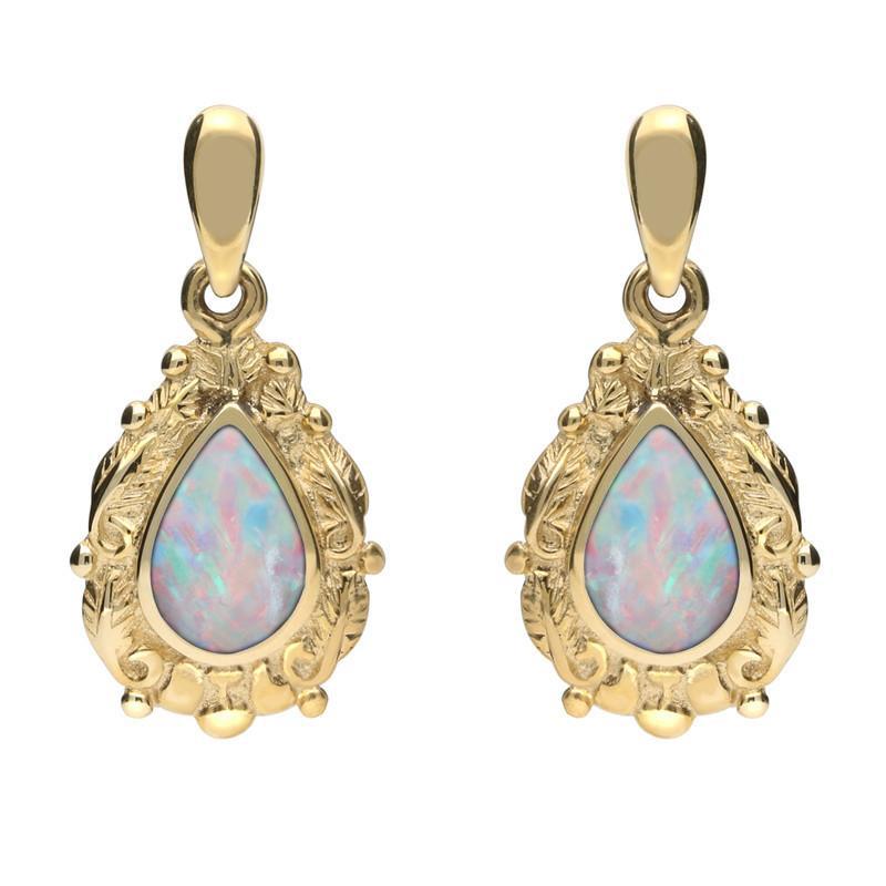 9ct Yellow Gold Opal Pear Shaped Leaf Drop Earrings - Yellow Gold
