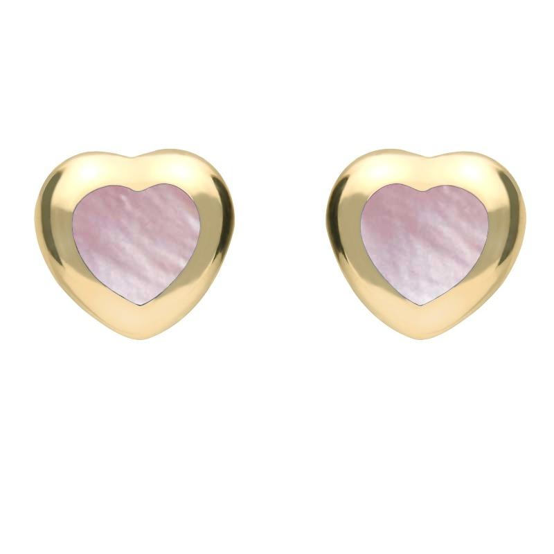9ct Yellow Gold Pink Mother Of Pearl Framed Heart Stud Earrings - Yellow Gold