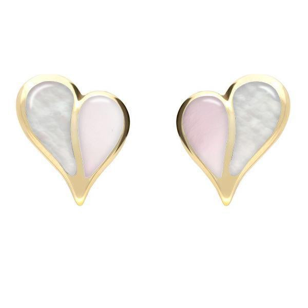 9ct Yellow Gold Pink Mother of Pearl White Mother of Pearl Split Heart Stud Earrings - Yellow Gold