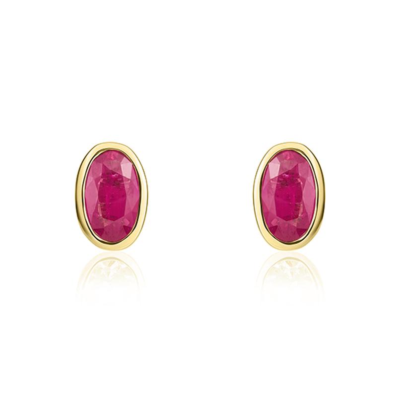 9ct Yellow Gold Ruby 5x3mm Oval Rub Over Set Stud Earrings