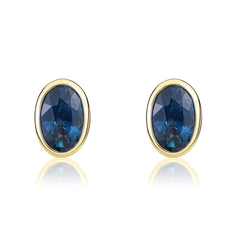9ct Yellow Gold Sapphire 6x4mm Oval Rub Over Set Stud Earrings