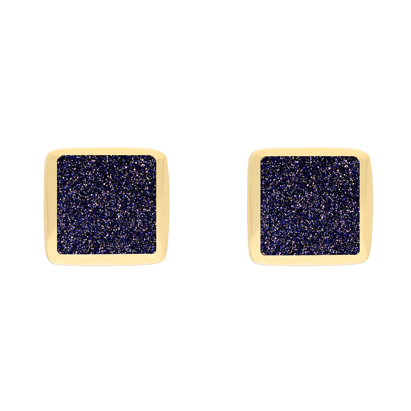 9ct Yellow Gold Sterling Silver Blue Goldstone Stepping Stones Square Stud Earrings