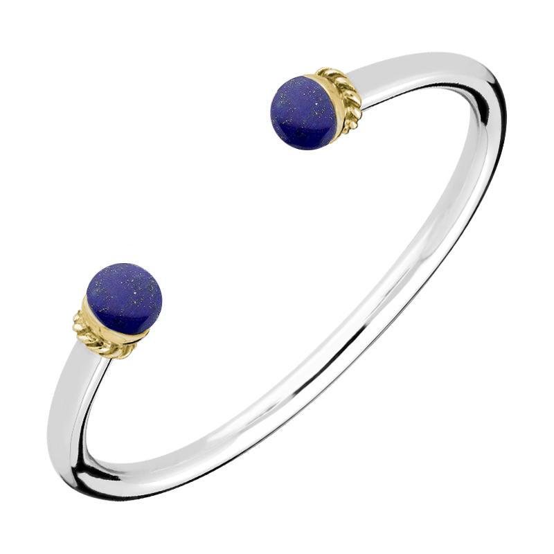 9ct Yellow Gold Sterling Silver Lapis Lazuli Bead Torc Twist Bangle - Silver