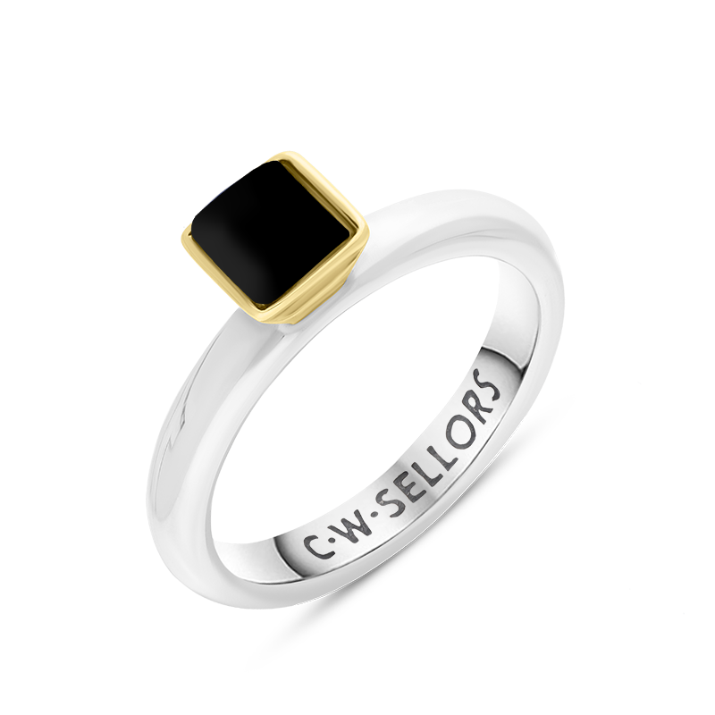 9ct Yellow Gold Sterling Silver Whitby Jet Stepping Stones 5mm Square Bezel Set Ring