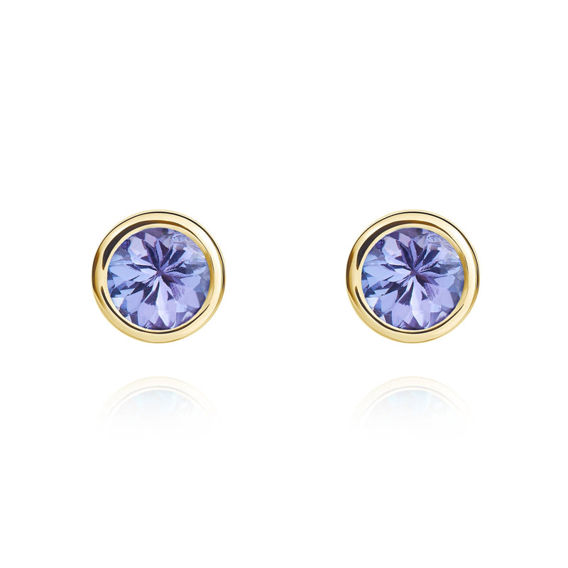 9ct Yellow Gold Tanzanite 4mm Round Rub Over Set Stud Earrings
