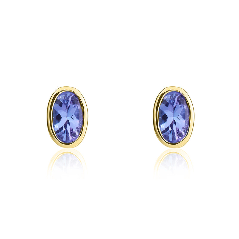 9ct Yellow Gold Tanzanite 5x3mm Oval Rub Over Set Stud Earrings