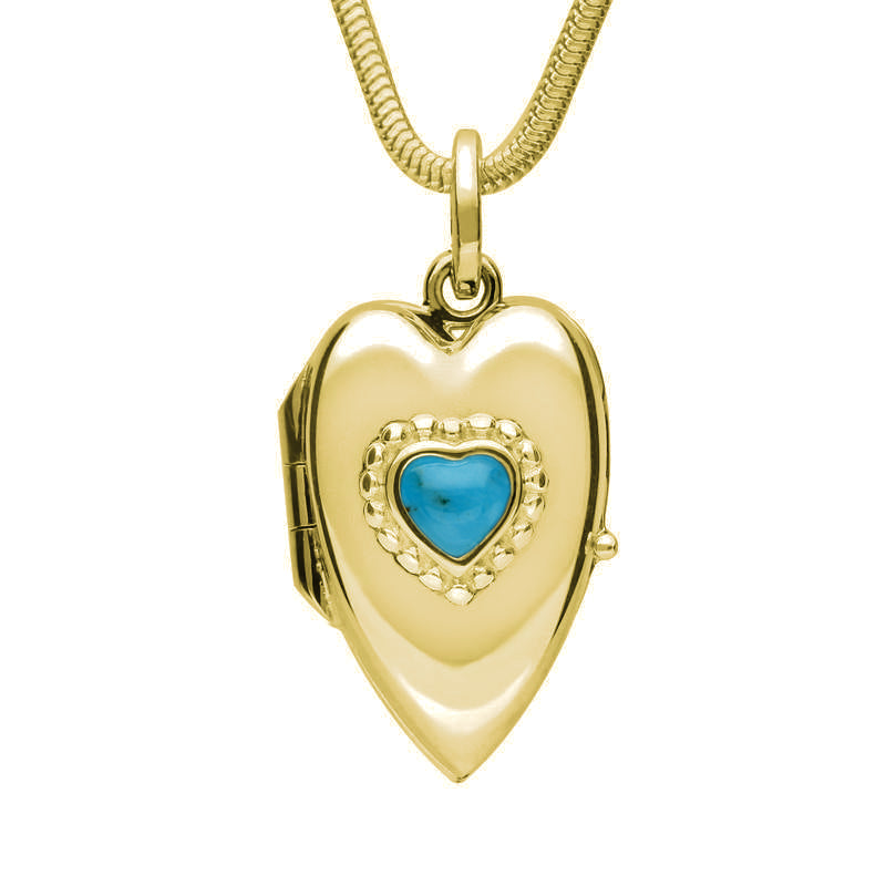 9ct Yellow Gold Turquoise Beaded Edge Heart Locket Necklace