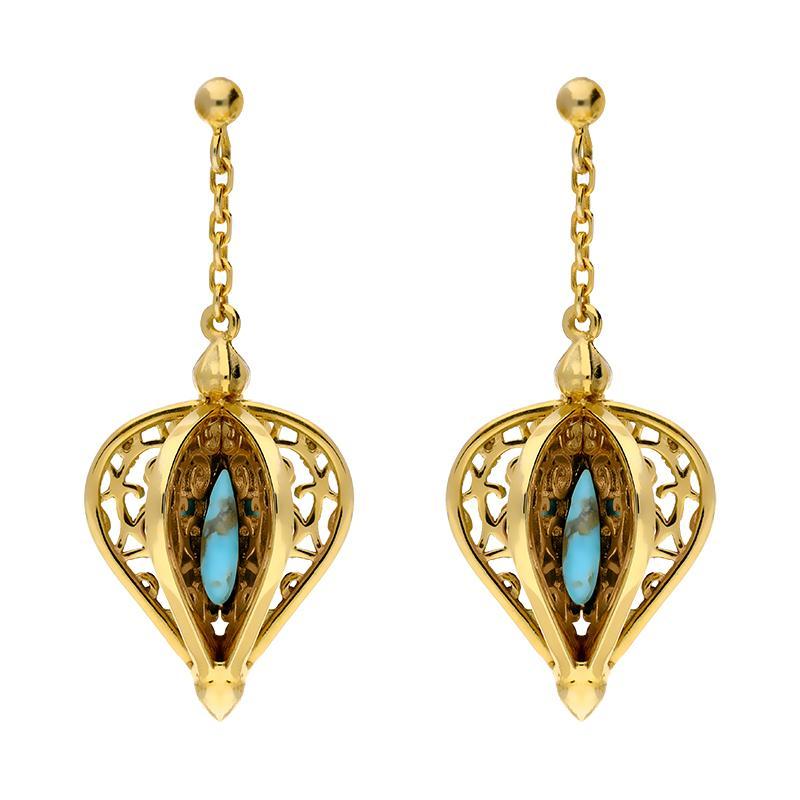 9ct Yellow Gold Turquoise Flore Filigree Drop Earrings