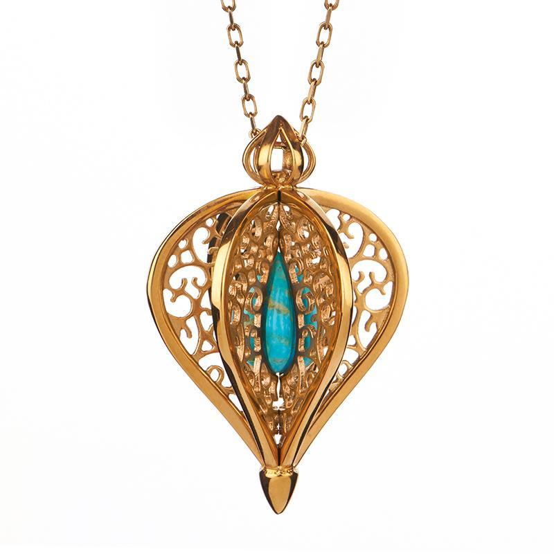 9ct Yellow Gold Turquoise Flore Filigree Small Necklace