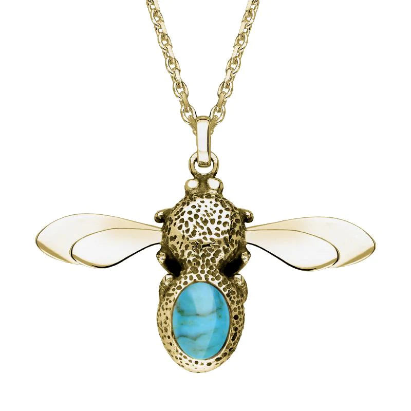 9ct Yellow Gold Turquoise Stone Set Body Bee Necklace