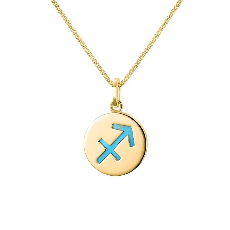 9ct Yellow Gold Turquoise Zodiac Sagittarius Round Necklace - Gold
