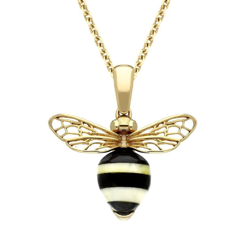 9ct Yellow Gold Whitby Jet Amber Winged Bee Necklace - Gold