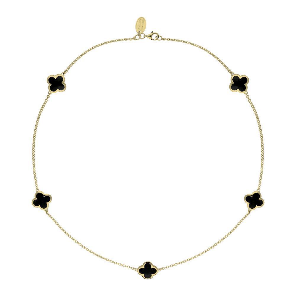 9ct Yellow Gold Whitby Jet Bloom Four Leaf Clover Necklace