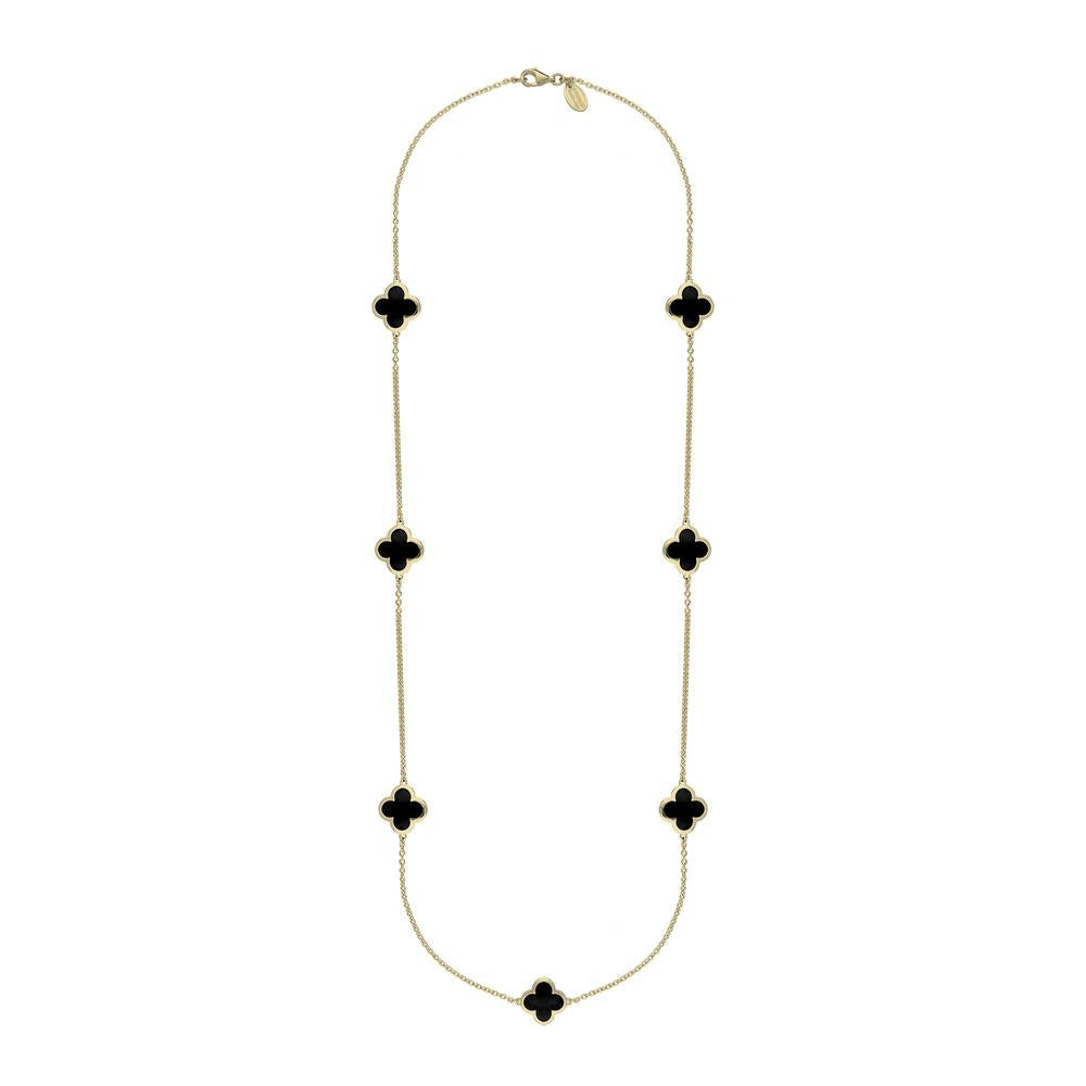 9ct Yellow Gold Whitby Jet Bloom Four Leaf Clover Long Necklace
