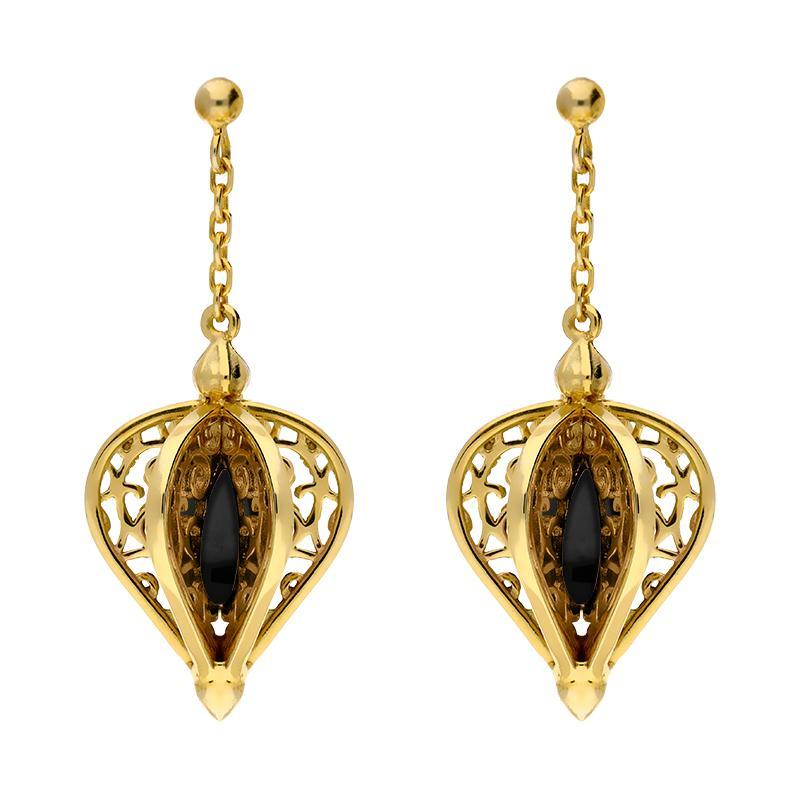 9ct Yellow Gold Whitby Jet Flore Filigree Drop Earrings