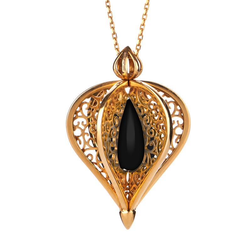 9ct Yellow Gold Whitby Jet Flore Filigree Droplet Necklace
