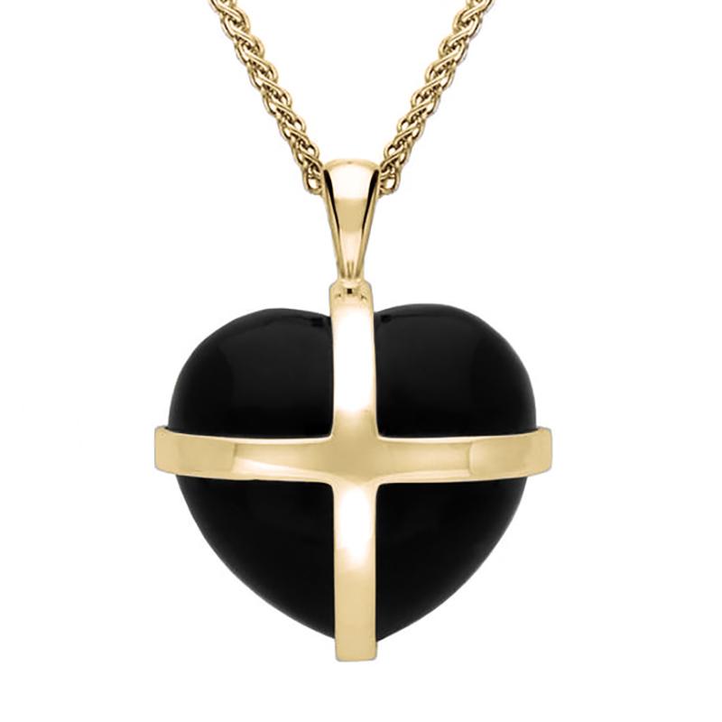 9ct Yellow Gold Whitby Jet Medium Cross Heart Necklace - Yellow Gold