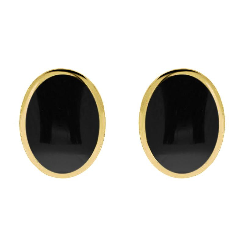 9ct Yellow Gold Whitby Jet Oval Flat Omega Stud Earrings - Yellow Gold