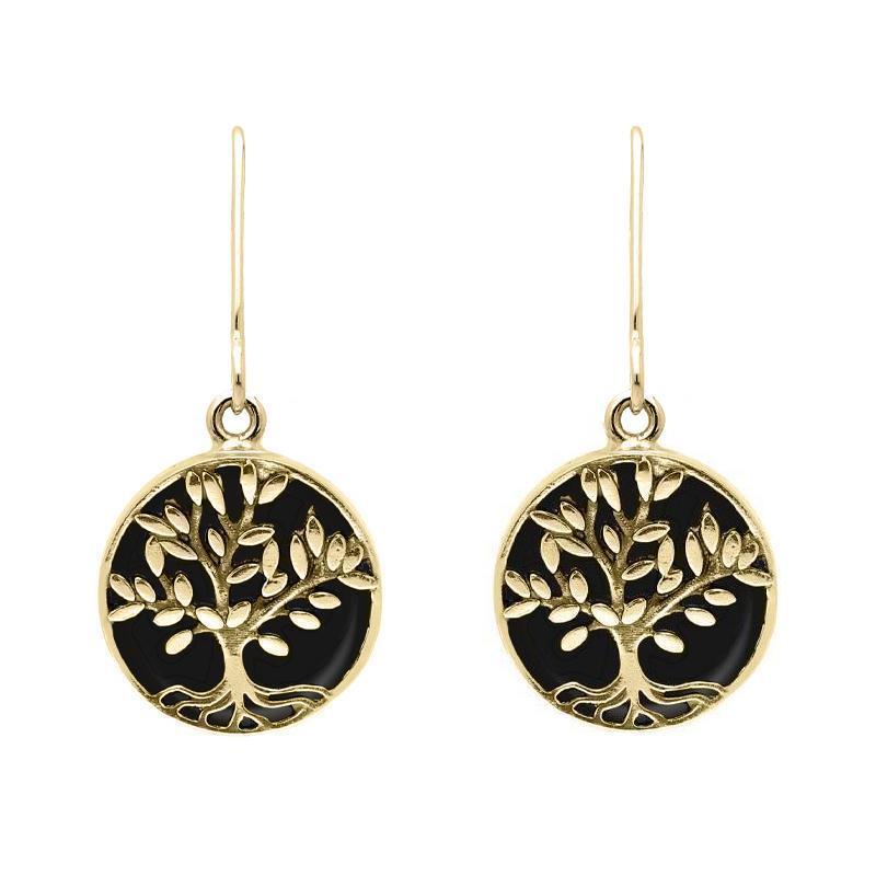 9ct Yellow Gold Whitby Jet Round Large Tree of Life Leaves Drop Earrings
