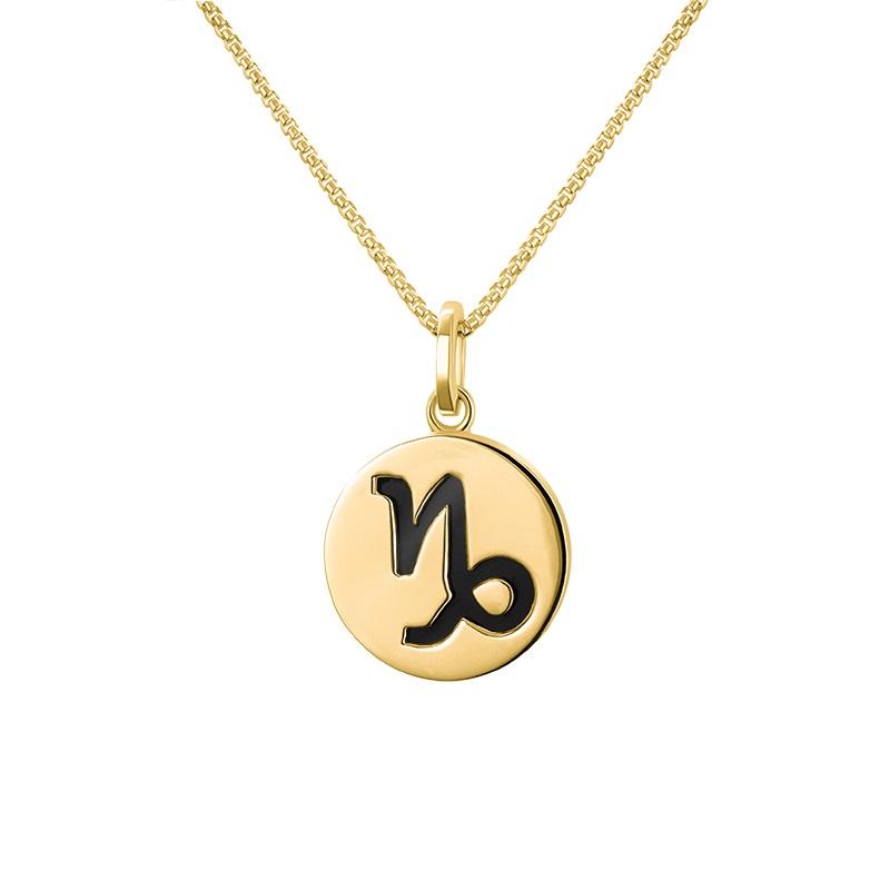 9ct Yellow Gold Whitby Jet Zodiac Capricorn Round Necklace - Gold