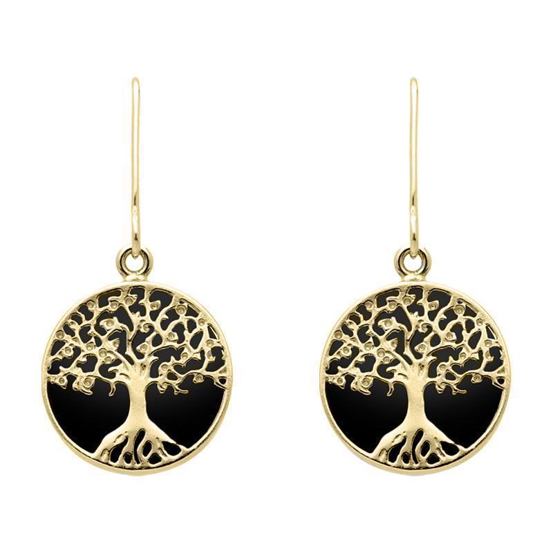9ct Yellow Gold Whitby Jet Round Tree Drop Earrings