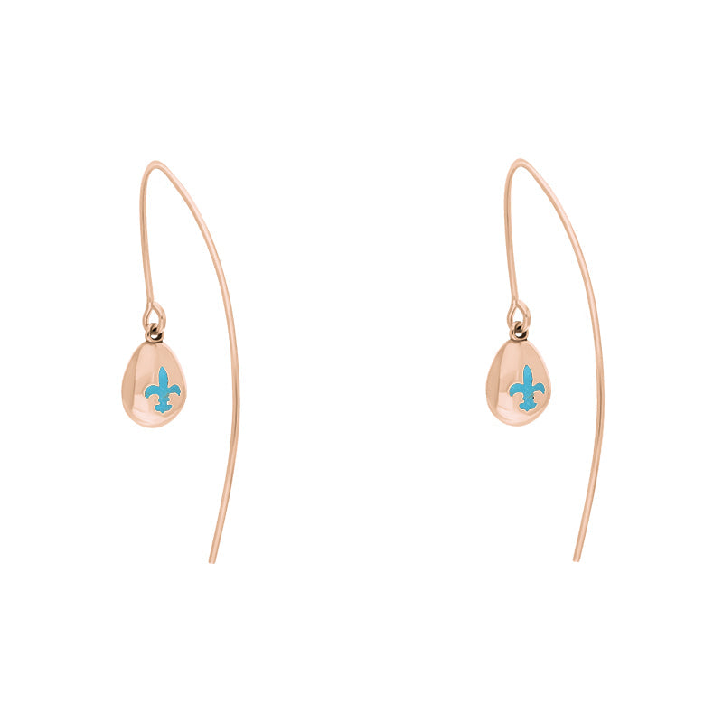 9ct Rose Gold Turquoise Fleur De Lis Disc Drop Earrings - Rose Gold