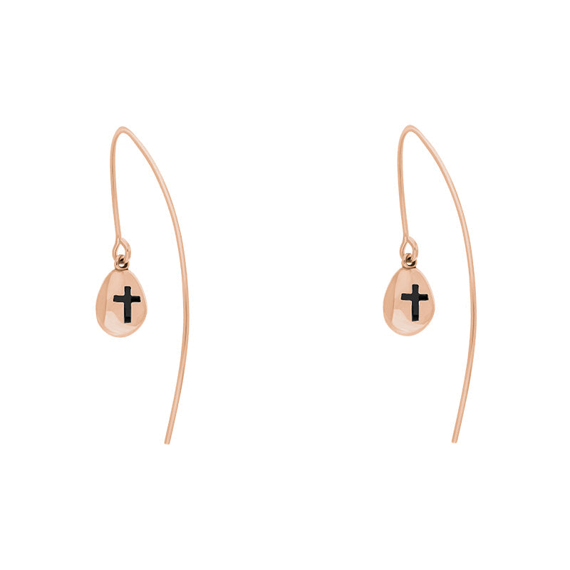 9ct Rose Gold Whitby Jet Cross Disc Drop Earrings - Rose Gold