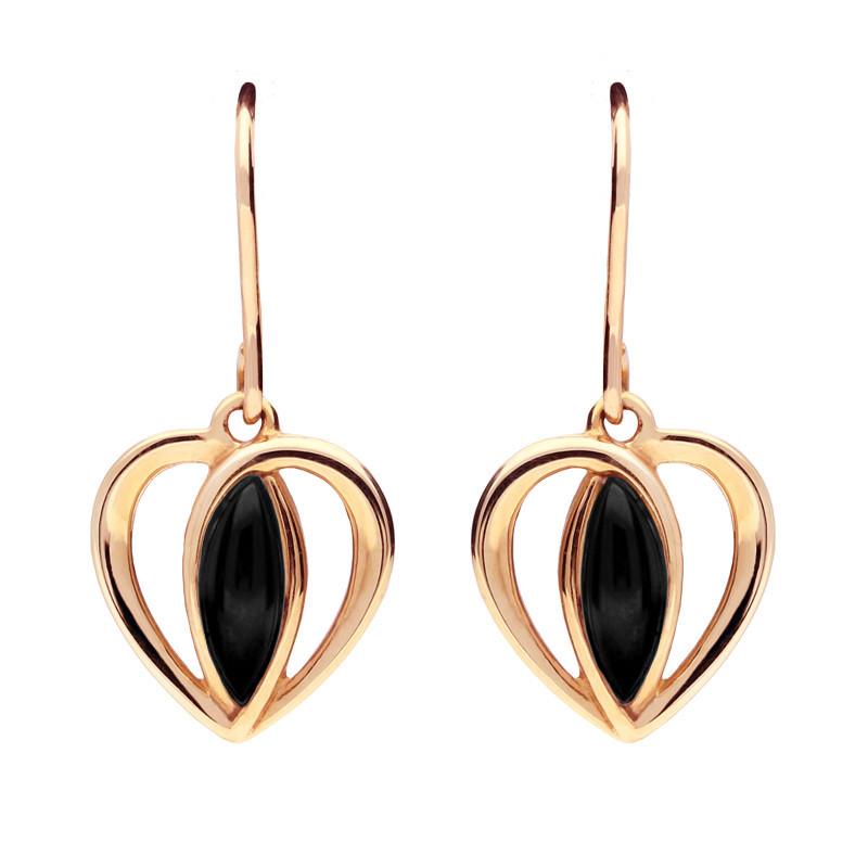 9ct Rose Gold Whitby Jet Heart Drop Earrings - Rose Gold