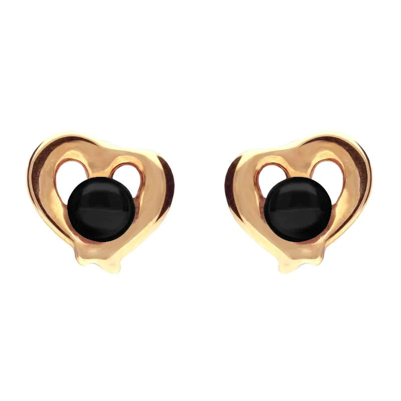 9ct Rose Gold Whitby Jet Heart Outline Stud Earrings - Rose Gold