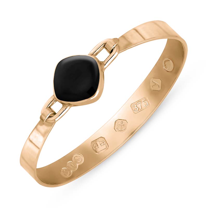 9ct Rose Gold Whitby Jet King's Coronation Hallmark Wide Cushion Bangle
