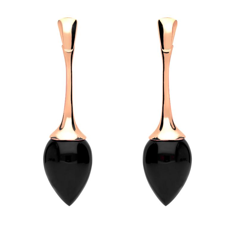 9ct Rose Gold Whitby Jet Long Flute Pear Drop Earrings - Rose Gold