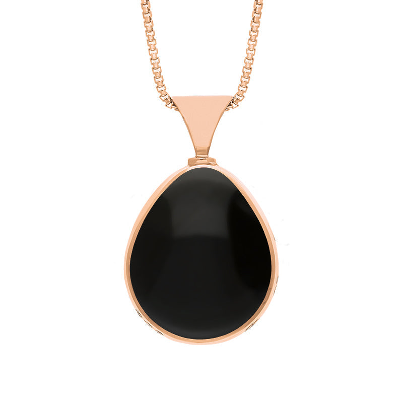 9ct Rose Gold Whitby Jet Mother of Pearl King's Coronation Hallmark Double Sided Pear-shaped Necklace
