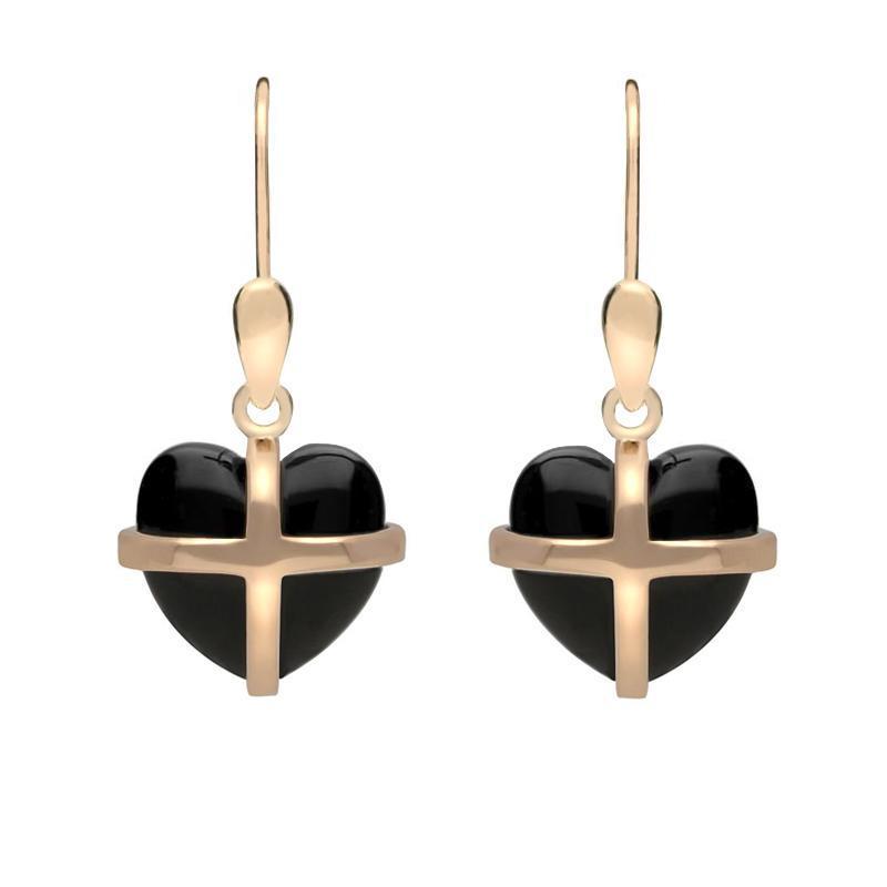 9ct Rose Gold Whitby Jet Small Cross Heart Drop Earrings - Rose Gold