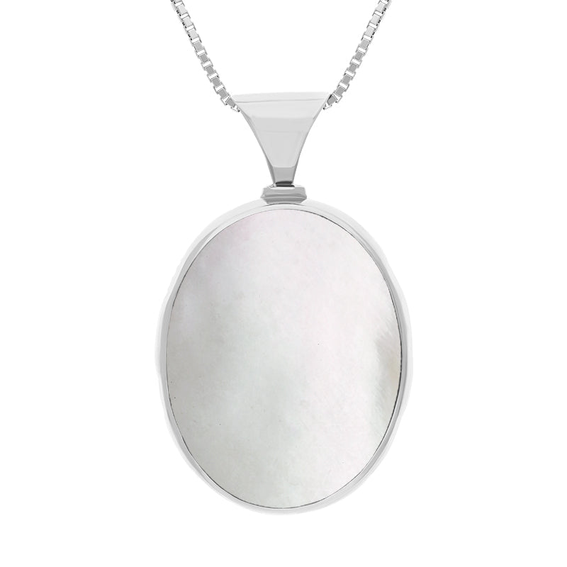 9ct White Gold Blue John Mother of Pearl King's Coronation Hallmark Double Sided Oval Necklace
