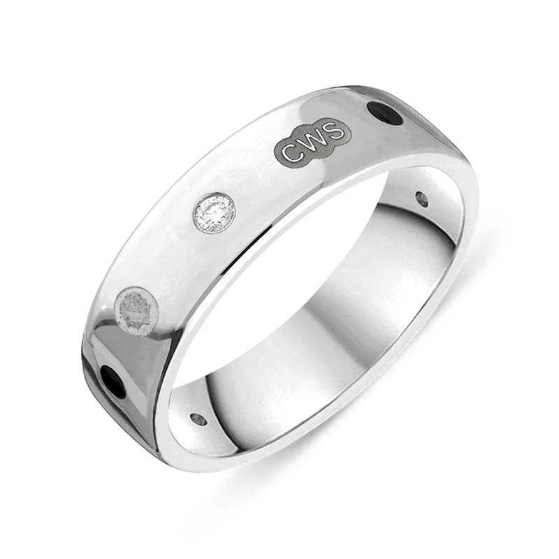 9ct White Gold 0.09ct Diamond Whitby Jet King's Coronation Hallmark 6mm Ring - Q